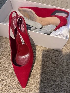 Manolo Blahnik Red Suede Pointed Slingback Pumps